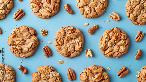 Cereal cookies that are just made and have nuts and walnuts on an indigo backdrop