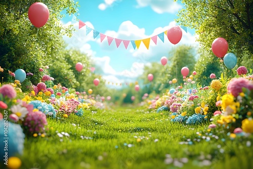 A vibrant garden path adorned with colorful flowers, balloons, and festive bunting under a sunny sky creates a cheerful atmosphere.