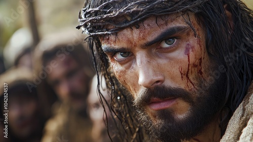 Man wearing crown of thorns is looking seriously with crowd behind him photo