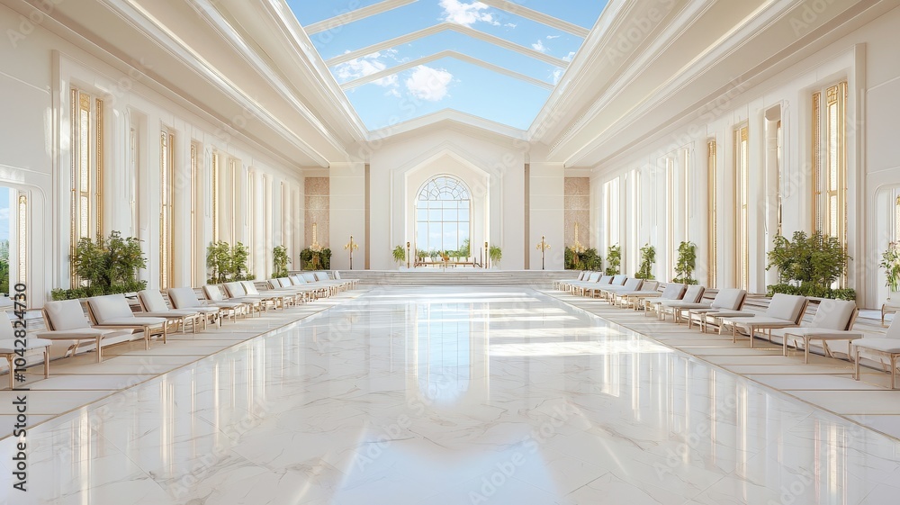 Fototapeta premium A bright, luxurious interior featuring marble floors, tall windows, and elegant decor, creating a serene and spacious atmosphere.