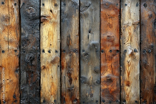 Weathered and Knotty Wood Planks with Black Screws photo