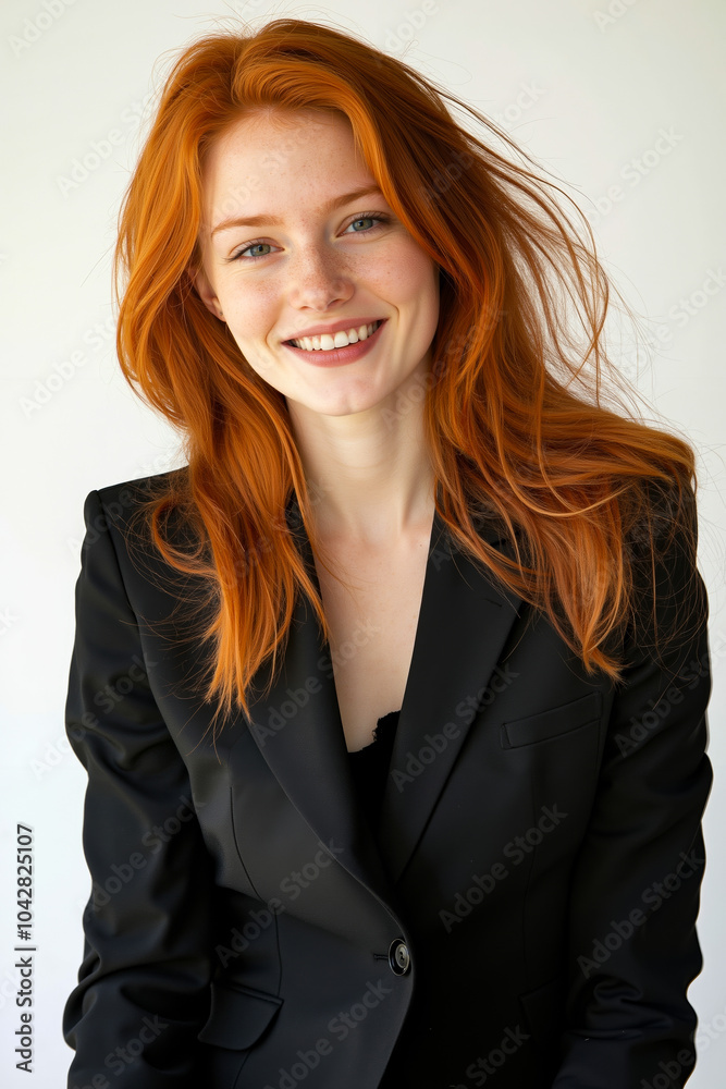 A woman with red hair smiling at the camera A woman with red hair smiling at the camera