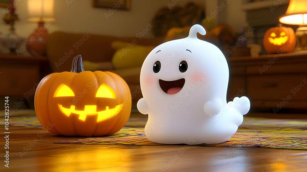 Cute Smiling Ghost with Pumpkin Illustration Cute Smiling Ghost with Pumpkin Illustration