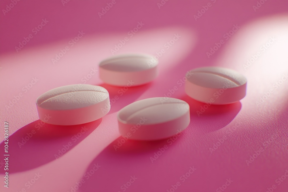 White pills on pink surface White pills on pink surface