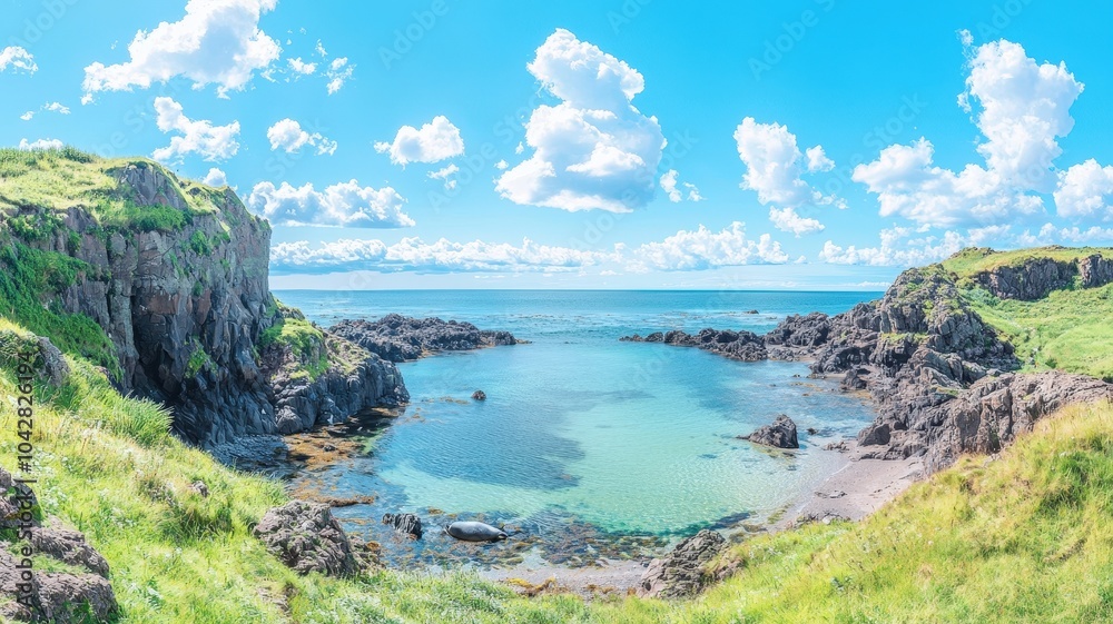 A scenic coastal view featuring clear blue waters, rocky formations, and lush green grass under a bright sky with fluffy clouds. A scenic coastal view featuring clear blue waters, rocky formations, and lush green grass under a bright sky with fluffy clouds.