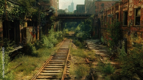 Abandoned Railway Track Surrounded by Overgrown Vegetation