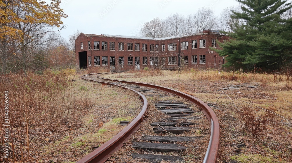 Obraz premium Winding Rusted Railway Track Near Abandoned Building