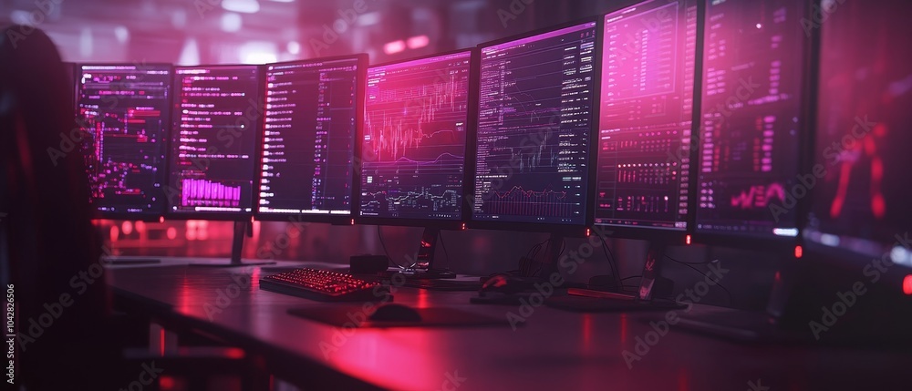 Fototapeta premium Exploring the Intricacies of Data Analysis in a High-Tech Environment with Multiple Screens Illuminated in Pink Hues
