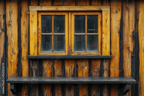 Wallpaper Mural A Rustic Window with a Black Wooden Shelf on a Weathered Wooden Wall Torontodigital.ca