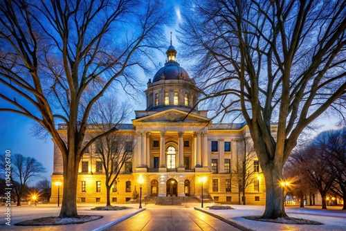 Kenosha County Courthouse Wisconsin illuminated at night with tall bare trees