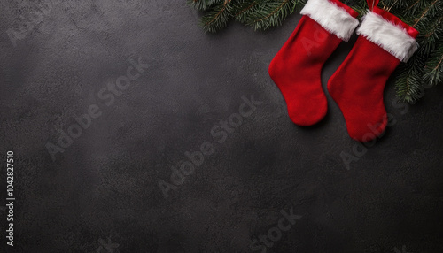 Two red Christmas stockings hang beside pine branches against a dark background, evoking holiday warmth and festivity. photo