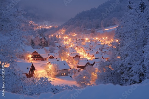 Small fairy tale village covered in snow glowing at twilight photo