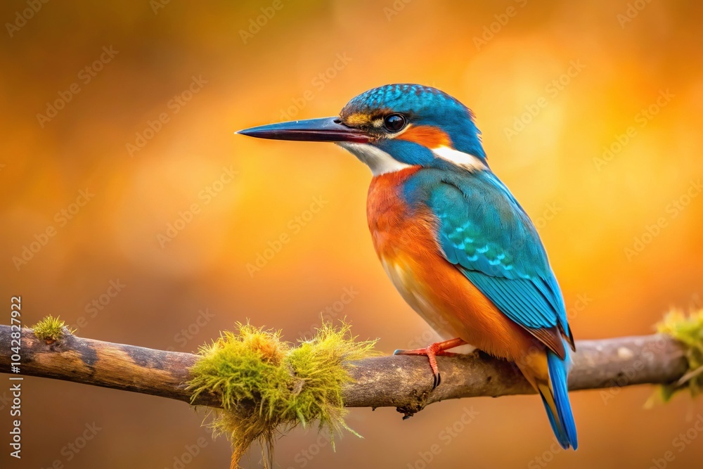 Obraz premium Kingfisher perched on branch against warm background, Long Shot