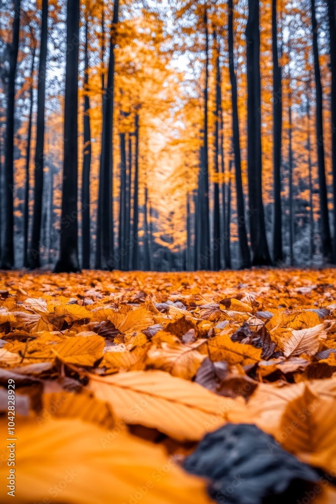 A serene forest path is blanketed with vibrant orange leaves, framed by tall trees displaying brilliant fall colors in warm light A serene forest path is blanketed with vibrant orange leaves, framed by tall trees displaying brilliant fall colors in warm light