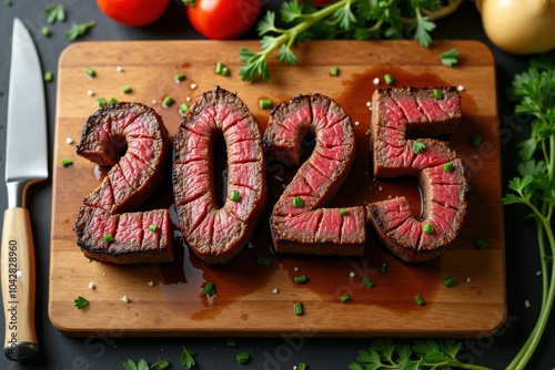 Grilled meat cut into the number 2025. Generative AI