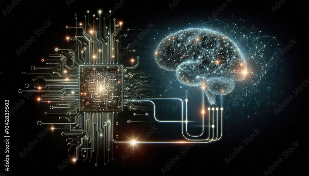 Obraz premium Machine Learning and Neural Network Concept: Converging Data Streams Forming a Circuit-Based Brain, Representing AI Processing, Data Transformation, and Advanced Decision-Making