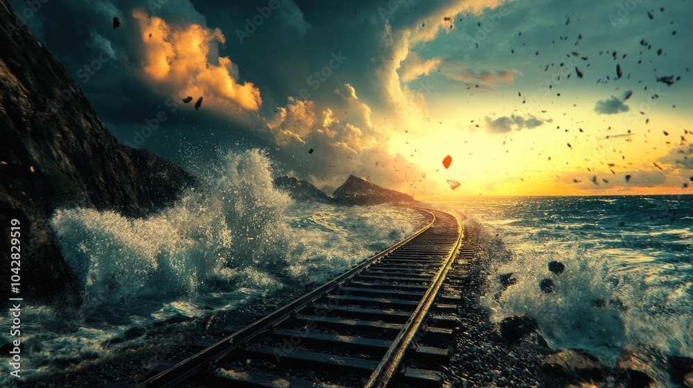 Fototapeta premium Scenic Railway Tracks Along the Dramatic Coastline