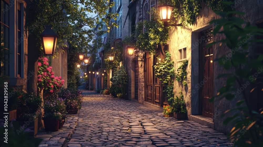 Fototapeta premium Serene Evening Stroll in a European Alleyway