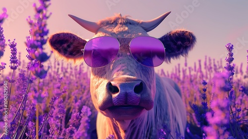 Chic shining of a cow donning a glases set over a vivid lavender backdrop
