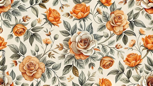 Floral pattern with vintage orange and gray roses on cream background photo