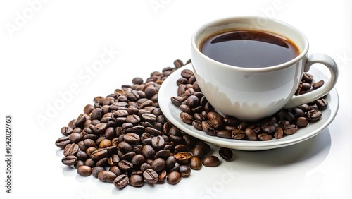 kona coffee cup with bean on white background at a tilted angle