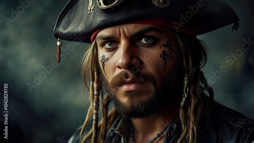 Swashbuckling Pirate with Skull and Crossbones Hat
Close up
 photo