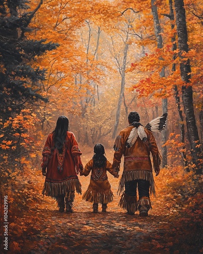 A serene view of a Native American family in traditional clothing, walking hand-in-hand through a forest filled with autumn leaves