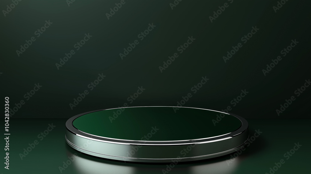 Modern Round Stainless Steel Podium with Glossy Finish on Deep Green Background.. Modern Round Stainless Steel Podium with Glossy Finish on Deep Green Background..