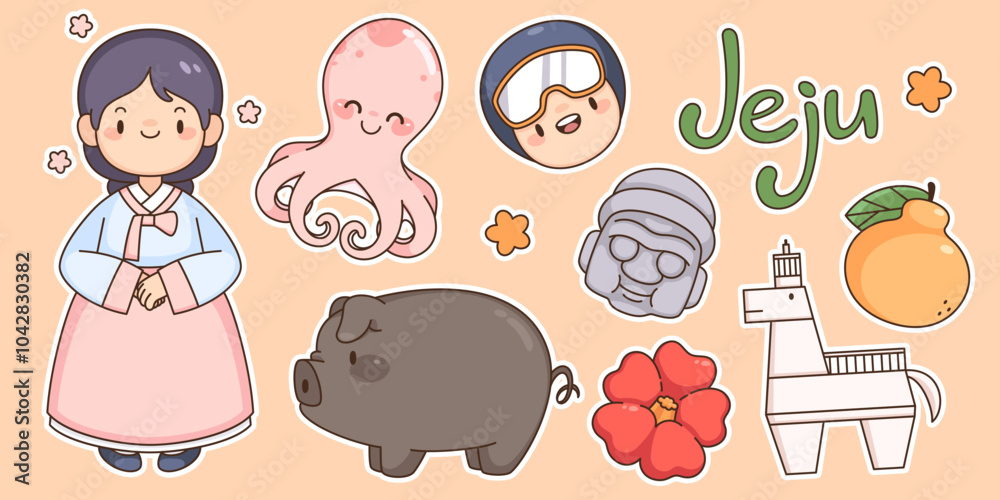 Jeju island kawaii stickers set isolated on background. Contemporary vector cartoon illustration set of asian girl, octopus, smiling face, black pig, stone statue, horse, citrus fruit, flower icons