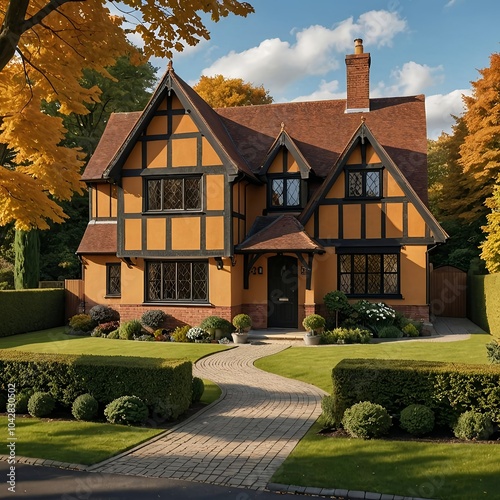 Houses in Tudor style.  This is AI generated, property release is not required.  photo