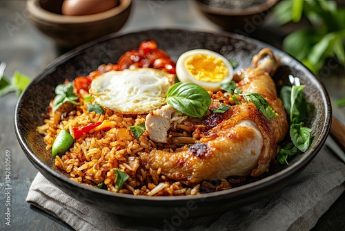 Fried Rice with Chicken, Fried Egg, and Basil