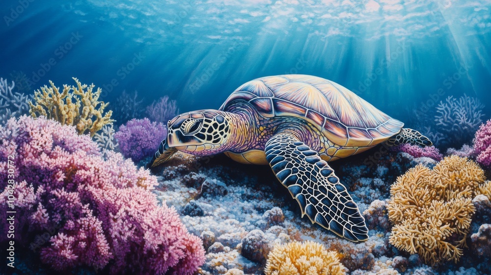Fototapeta premium Vibrant Sea Turtle Among Colorful Coral Reefs