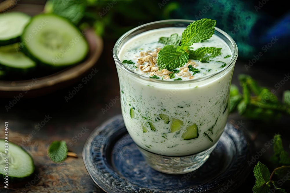 A glass of refreshing cucumber and mint yogurt drink, garnished with fresh mint leaves and seeds