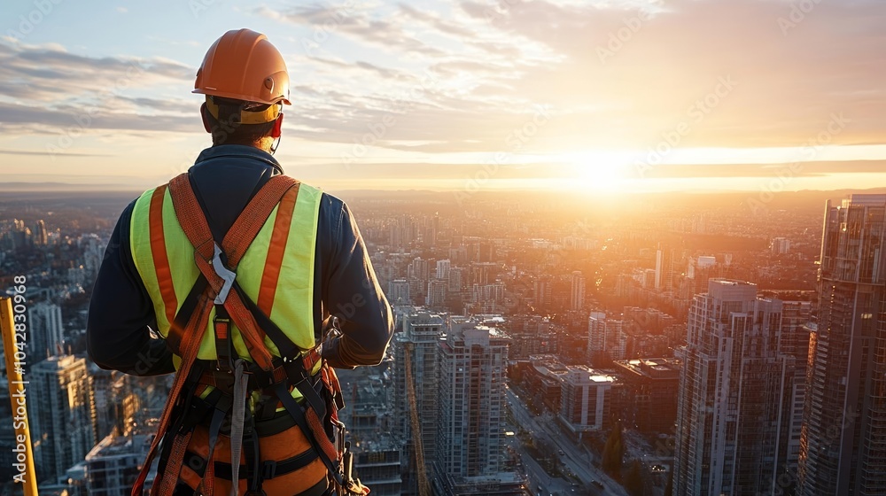 High-altitude construction site with worker in protective harness, sunset creating dramatic shadows, focus on safety and urban development