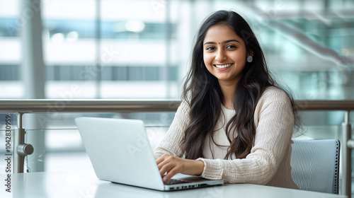 Confident Indian young professional woman working on laptop in modern office setting Free Download Confident Indian young professional woman working on laptop in modern office setting - GFXLoad