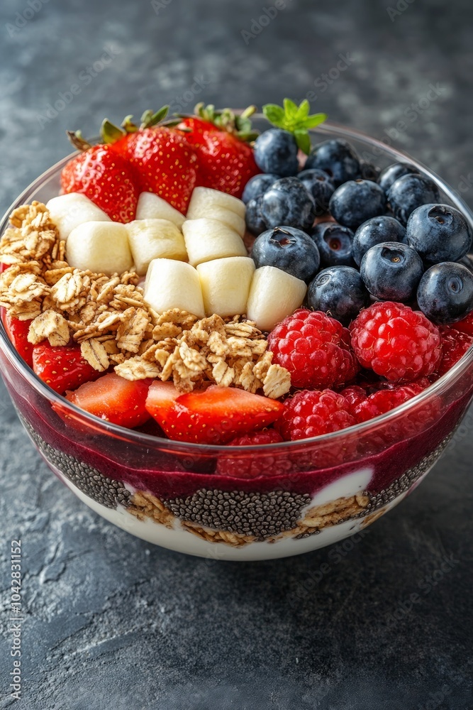 This colorful parfait features layers of yogurt, granola, chia seeds, and a variety of fresh fruits, creating a nutritious and visually appealing dish This colorful parfait features layers of yogurt, granola, chia seeds, and a variety of fresh fruits, creating a nutritious and visually appealing dish