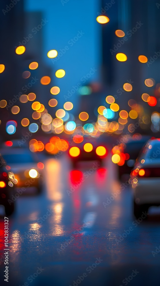 Blurred City Traffic Lights at Night with Colorful Bokeh Reflections on Wet Road Surface Blurred City Traffic Lights at Night with Colorful Bokeh Reflections on Wet Road Surface