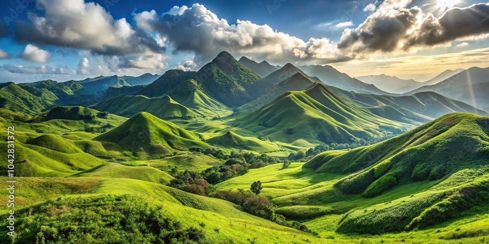 Fototapeta premium Landscape and mountain range with green hills, grass, vegetation Close-Up