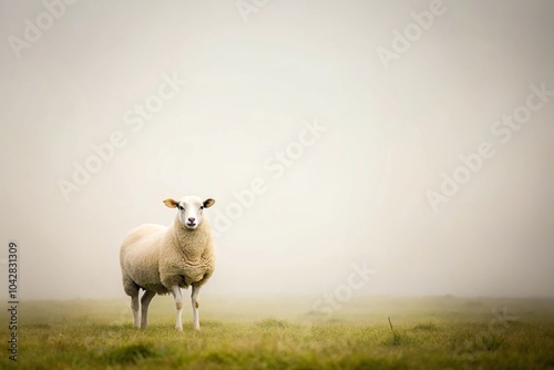 Landscape featuring a solitary sheep in a serene setting with a soft hazy aesthetic