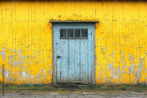 A Worn Blue Door Against a Peeling Yellow Wooden Wall
