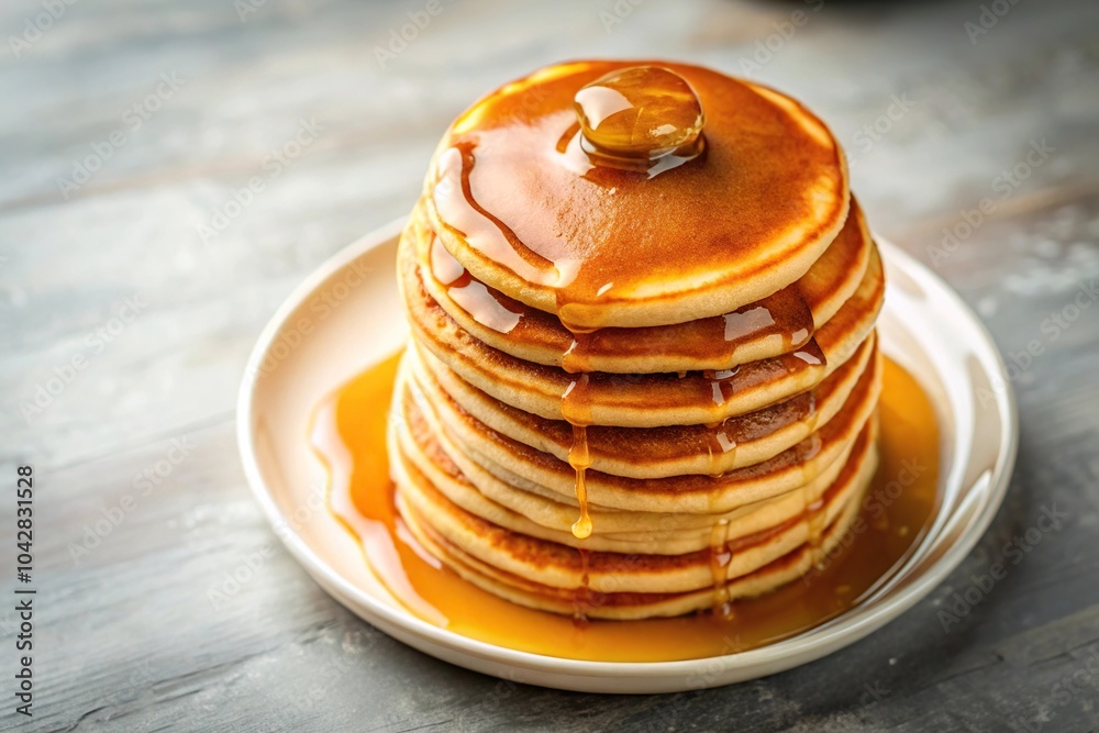 Fluffy golden pancakes with maple syrup drizzle Fluffy golden pancakes with maple syrup drizzle