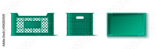 Plastic crate mockups set isolated on white background. Vector realistic illustration of green boxes for fruit and vegetable storage, warehouse equipment, shop goods baskets, transportation containers