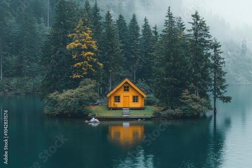 A Wooden Cabin on a Small Island in a Foggy Lake Surrounded by Trees