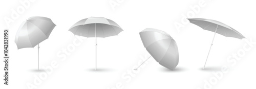 Beach umbrella mockups set isolated on white background. Vector realistic illustration of open sunshade parasol with blank surface for branding, garden or poolside protective accessory, vacation relax