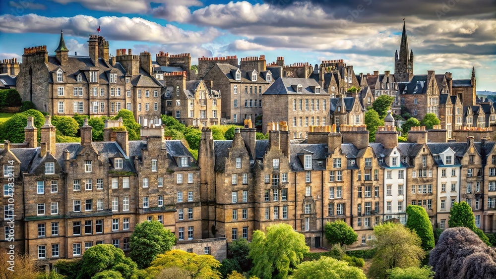 Naklejka premium Edinburgh skyline with Ramsay Garden houses in Scotland symmetrical