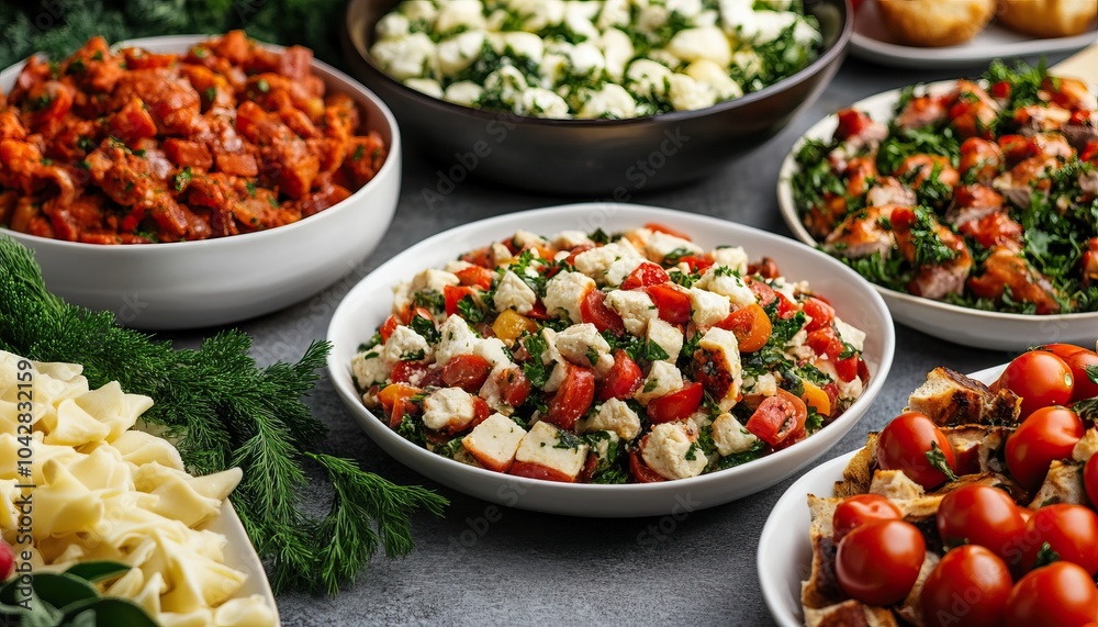 A variety of colorful salads and dishes beautifully arranged on a table, showcasing fresh ingredients. A variety of colorful salads and dishes beautifully arranged on a table, showcasing fresh ingredients.