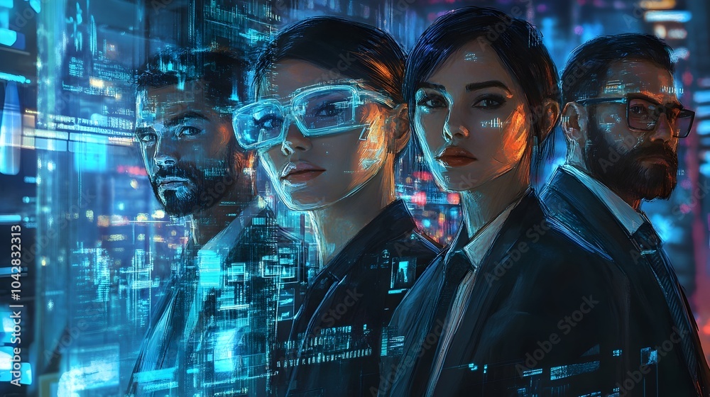Fototapeta premium Genetically Enhanced Sales Professionals Captivating Customers in Futuristic Corporate Setting