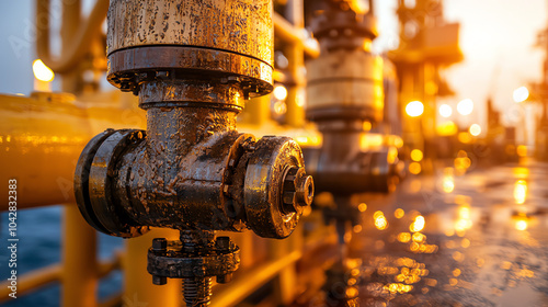 Offshore oil platform, closeup of drilling machinery pistons moving, covered in grease photo