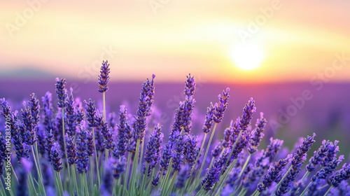 A serene lavender field bathed in soft sunlight at sunset, exuding vibrant purple tones against a picturesque evening sky.