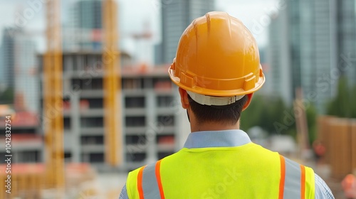 Construction worker observing site progress in urban environment, wearing safety gear and helmet.